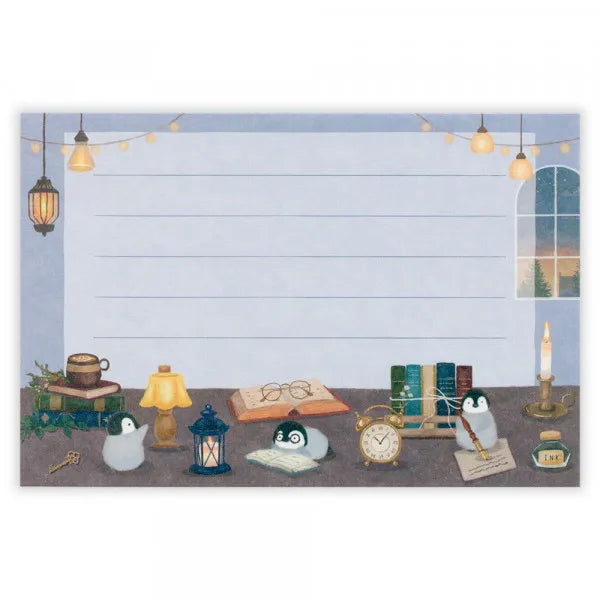 Relaxing Animals Day - A mini-letter depicting the days of each animal living in
a relaxed manner.
I drew a penguin enjoying reading in the study with candles and lights.
It is a size that can hold a photo (DSC format, L format) and can be mailed at a standard price.
Length 98× Width 148mm
8 pieces of stationery, 4 envelopes