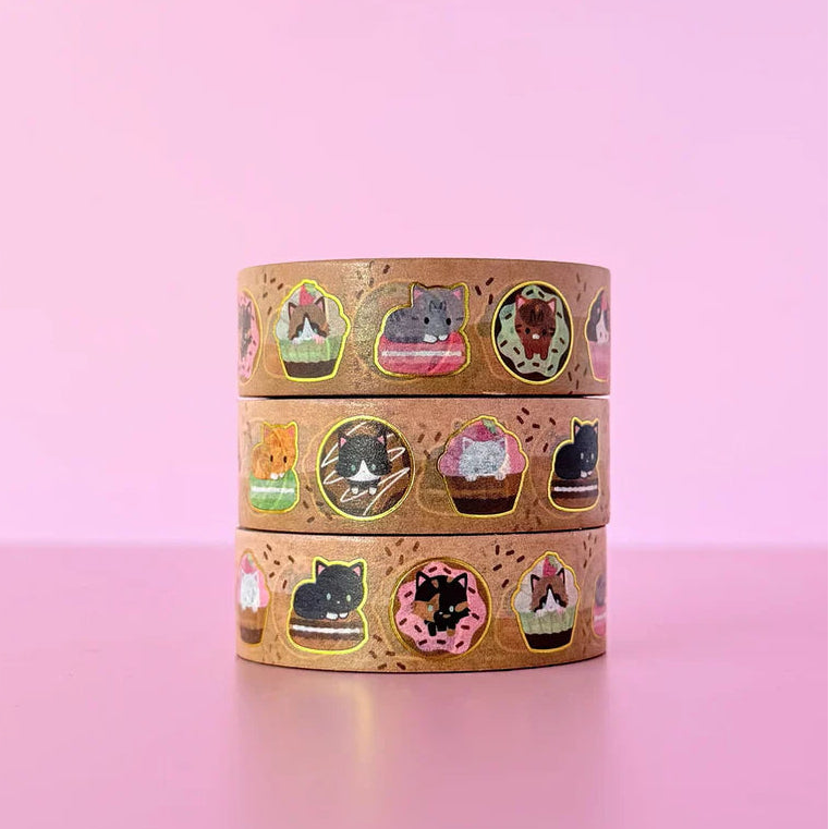 Adorable bakery sweets and cats washi tape, with small details of gold foil. Ideal for journaling, scrapbooking, and craft projects.
Gold Foil Details
One 10-meter long roll of washi tape
15mm wide, 32mm paper core