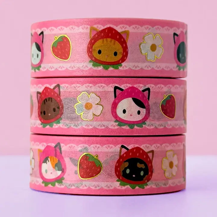 Adorable cats with strawberry hats, with small details of gold foil. Ideal for journaling, scrapbooking, and craft projects.
Gold Foil Details
One 10-meter long roll of washi tape
20mm wide, 32mm paper core
Colors might vary just a bit from your screen.