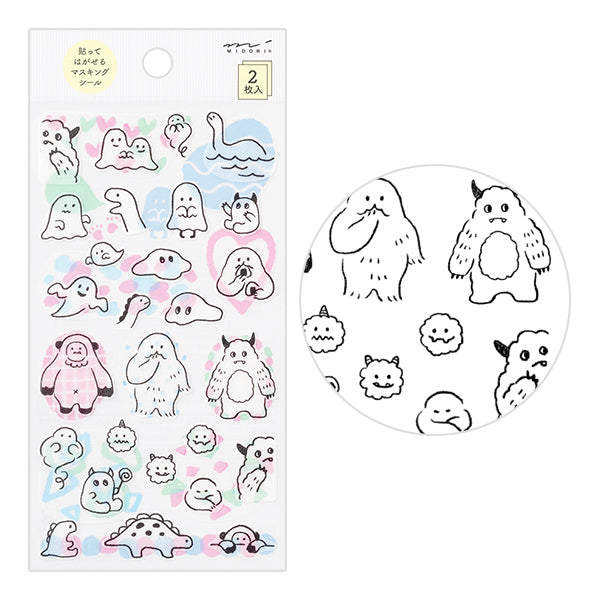 The "monster pattern" is a collection of illustrations inspired by UMA, such as slime, yeti, Bigfoot, and Nessie with a loose touch.
A wide variety of sticker designs to use with your notebook
These peel-and-stick washi stickers will make your daily records more fun. Simply stick them freely on the margins of your notebook to create a gorgeous page. It comes in a set of two stickers, each with a different design. It is a masking sticker type, so you can easily reapply it after applying it.
