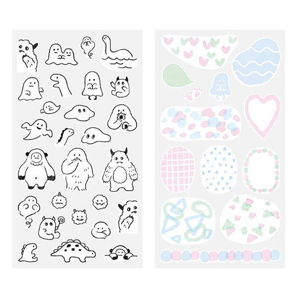 The "monster pattern" is a collection of illustrations inspired by UMA, such as slime, yeti, Bigfoot, and Nessie with a loose touch.
A wide variety of sticker designs to use with your notebook
These peel-and-stick washi stickers will make your daily records more fun. Simply stick them freely on the margins of your notebook to create a gorgeous page. It comes in a set of two stickers, each with a different design. It is a masking sticker type, so you can easily reapply it after applying it.