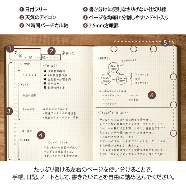 While maintaining the uniqueness of "hibino", such as the format of "2 pages a day" and the thickness of a dictionary, this free diary format maintains the ease of writing as much as you want when you want without being bound by a date. This day free Hibino consists only of "two pages a day" free daily pages, you can use as a notebook or diary. 