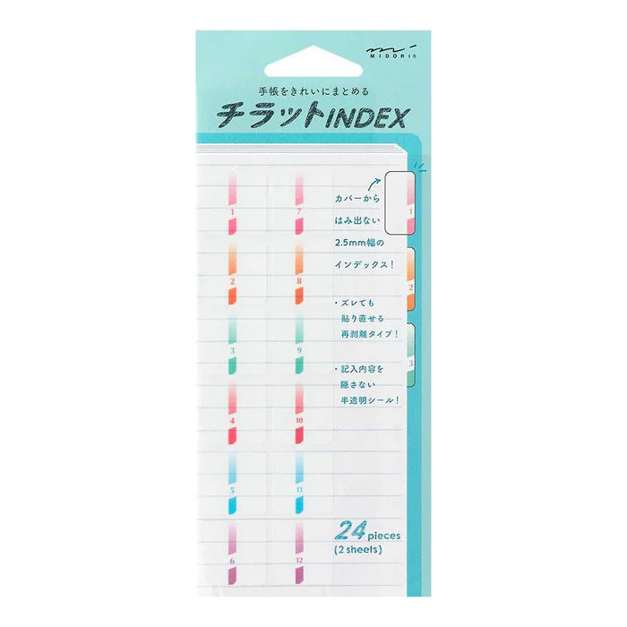 Midori Chiratto Index Tab will bring some vibrant colours to your planner's indexing. Thanks to its removable adhesive, the sticker can be removed easily and cleanly.
One pack contains 2 sets of 12 colour-coded index tabs (24 index tabs in total). You can use them to mark any important pages in your notes or planners.
