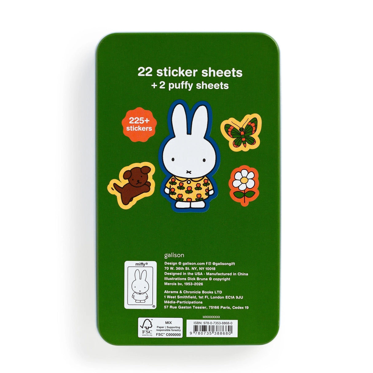 Discover the charm of Miffy, Dick Bruna's iconic character beloved by generations worldwide. Created in 1955 from bedtime stories told during a vacation in the Netherlands, Miffy has become a global icon. This sticker tin brings Miffy to life! Customize just about anything with these nostalgic stickers of everyone's favorite childhood bunny. This sticker tin comes with 24 sheets and 225+ stickers, and is perfect for decorating, collecting, and celebrating a character who has inspired joy and imagination fo