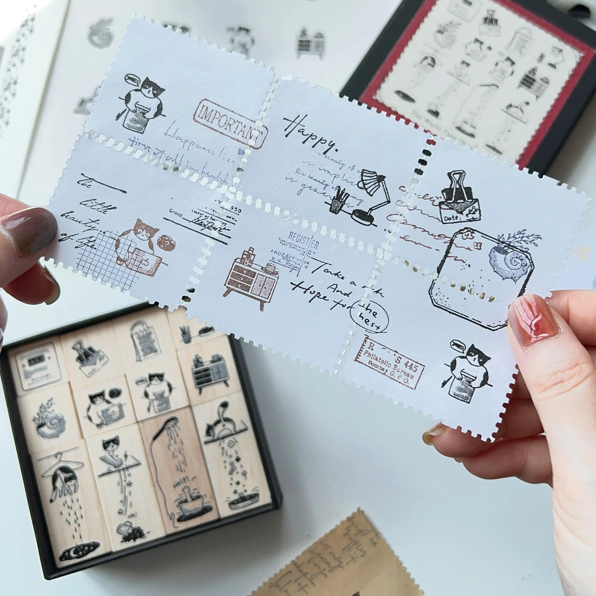 Meet the cat who makes Mondays magical. Our Mischievous Cat Stamp Set illustrates her morning routine—from coffee cup mischief to dramatic stretches and playful distractions. She’s cute, a little chaotic, and endlessly relatable. Use these stamps to decorate your spreads and give your week a lighthearted, whimsical start.
Easy to clean with ordinary alcohol wipe, alcohol gel, or special seal cleaner.
Brand: WT (The Washi Tape Shop)
Box size: 10cm × 10cm × 3.5cm
Stamp size:
22mm x 20mm x 4 pieces
22mm x 24