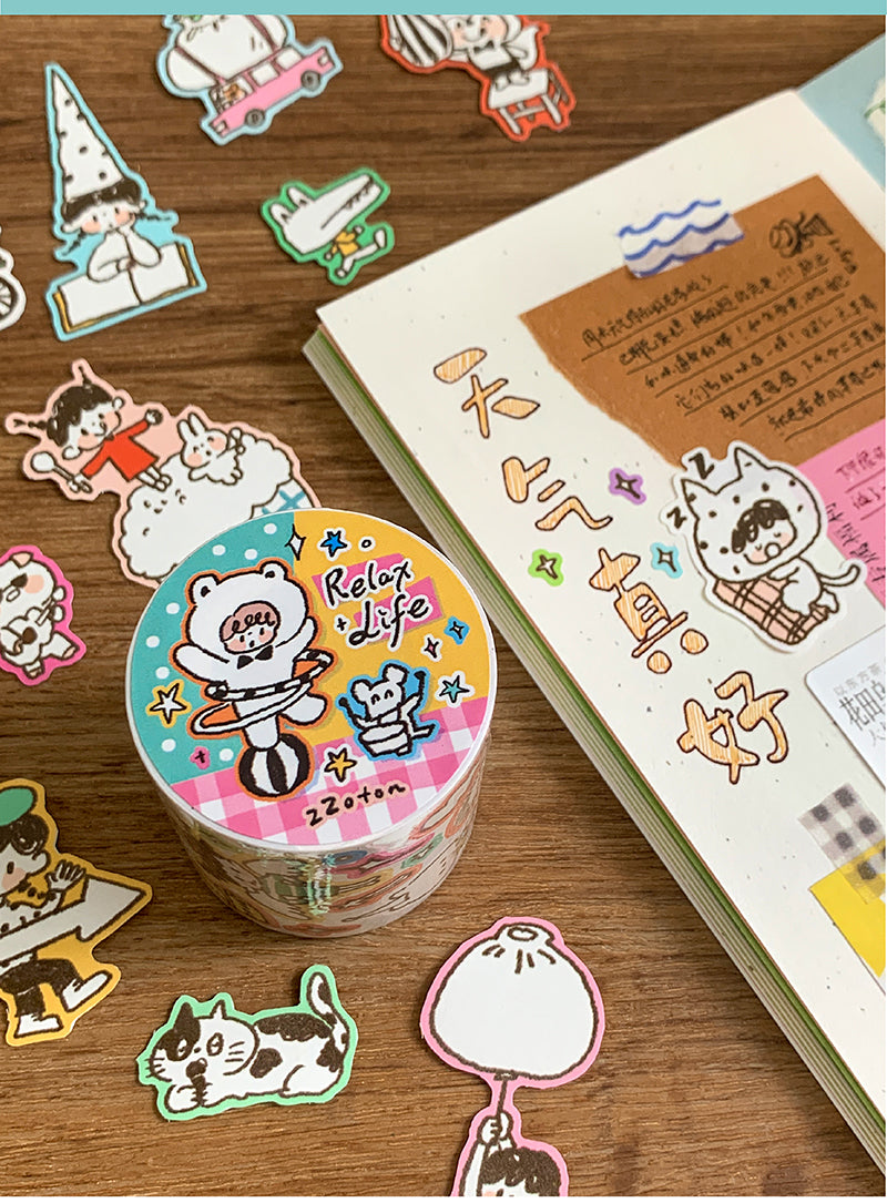 Molinta - Relax Life Sticker Roll Doodle Style Kiss Cut Washi Tape Journal Spreads Writable Paper Cute Kawaii