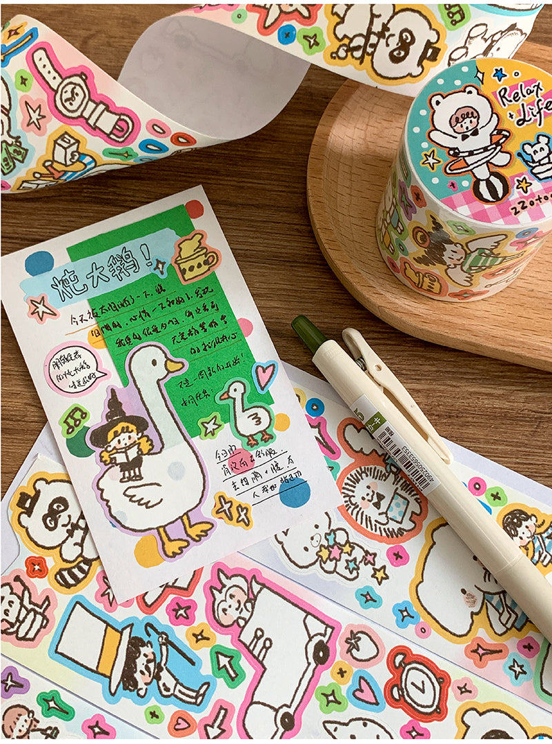 Molinta Relax Life Sticker Roll Doodle Style Kiss Cut Washi Tape Journal Spread Writable Paper Cute Kawaii Molinta