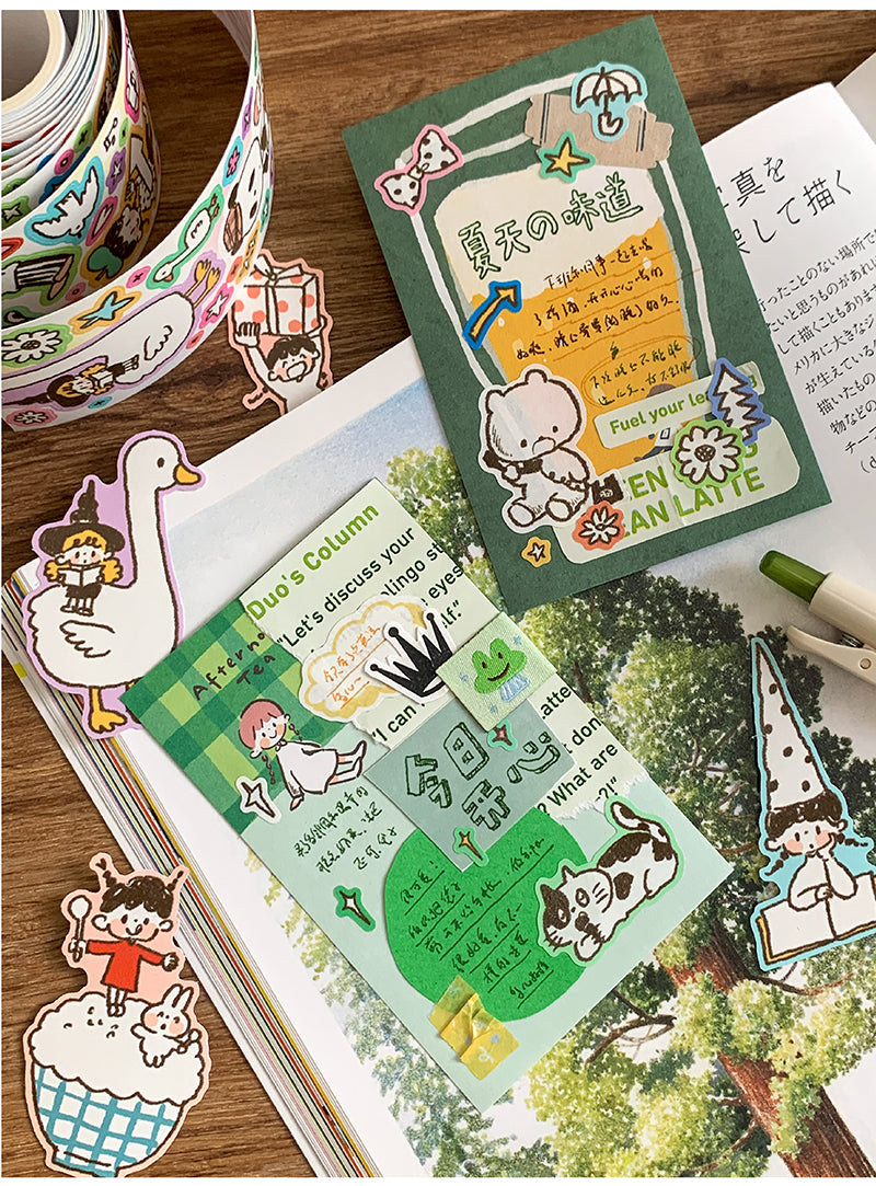 Molinta Relax Life Sticker Roll Doodle Style Kiss Cut Washi Tape Journal Spread Writable Paper Cute Kawaii Molinta Washi