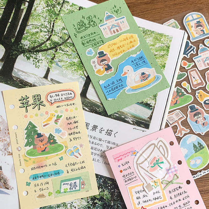 Featuring an adorable collection of music and bear themed illustrations, this sticker sheet adds a warm, whimsical touch to planners, cards, photo albums, and creative projects. Each design is printed on durable writing paper with vibrant colors for easy decoration!