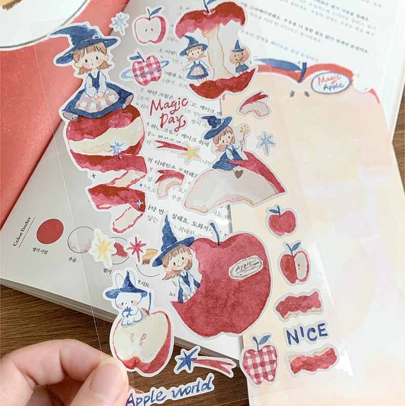 Featuring an adorable collection of enchanting illustrations in the world of apples, this sticker sheet adds a magical, whimsical touch to planners, cards, photo albums, and creative projects. Each design is printed on durable writing paper with vibrant colors for easy decoration!
