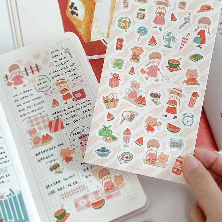 Featuring an adorable collection of watermelon themed illustrations, this sticker sheet adds a sweet, whimsical touch to planners, cards, photo albums, and creative projects. Each design is printed on durable paper with vibrant colors for easy decoration!