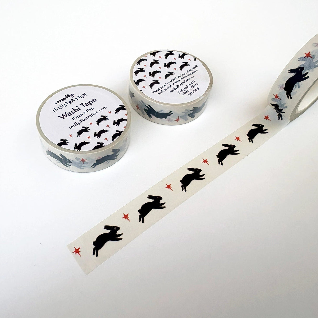Molly Illustration - Leaping Bunny Decorative Washi Tape
This washi tape is my own original design.
Each decorative washi tape roll is 15mm wide and 10m in length and comes vacuum sealed in plastic with a matching sticker label.
