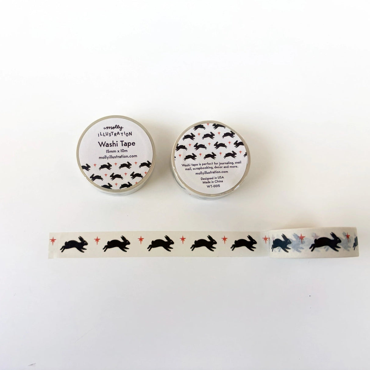 Molly Illustration - Leaping Bunny Decorative Washi Tape
This washi tape is my own original design.
Each decorative washi tape roll is 15mm wide and 10m in length and comes vacuum sealed in plastic with a matching sticker label.