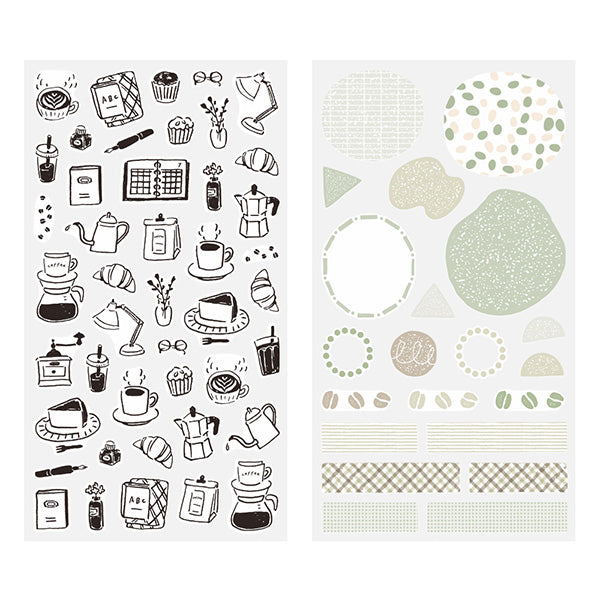 The "Monotone Cafe Pattern" also includes motifs such as coffee, fountain pens, and ink.
A wide variety of sticker designs to use with your notebook
These peel-and-stick washi stickers will make your daily records more fun. Simply stick them freely on the margins of your notebook to create a gorgeous page. It comes in a pack of 2 sheets, a small size that is perfect for monthly blocks and a large size that is convenient for filling in the blanks.