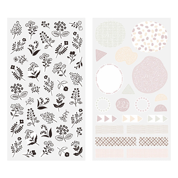 "Monotone floral pattern" is packed with many simple flowers that bloom in the field.
A wide variety of sticker designs to use with your notebook
These peel-and-stick washi stickers will make your daily records more fun. Simply stick them freely on the margins of your notebook to create a gorgeous page. It comes in a pack of 2 sheets, a small size that is perfect for monthly blocks and a large size that is convenient for filling in the blanks.