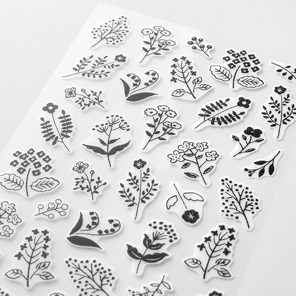"Monotone floral pattern" is packed with many simple flowers that bloom in the field.
A wide variety of sticker designs to use with your notebook
These peel-and-stick washi stickers will make your daily records more fun. Simply stick them freely on the margins of your notebook to create a gorgeous page. It comes in a pack of 2 sheets, a small size that is perfect for monthly blocks and a large size that is convenient for filling in the blanks.