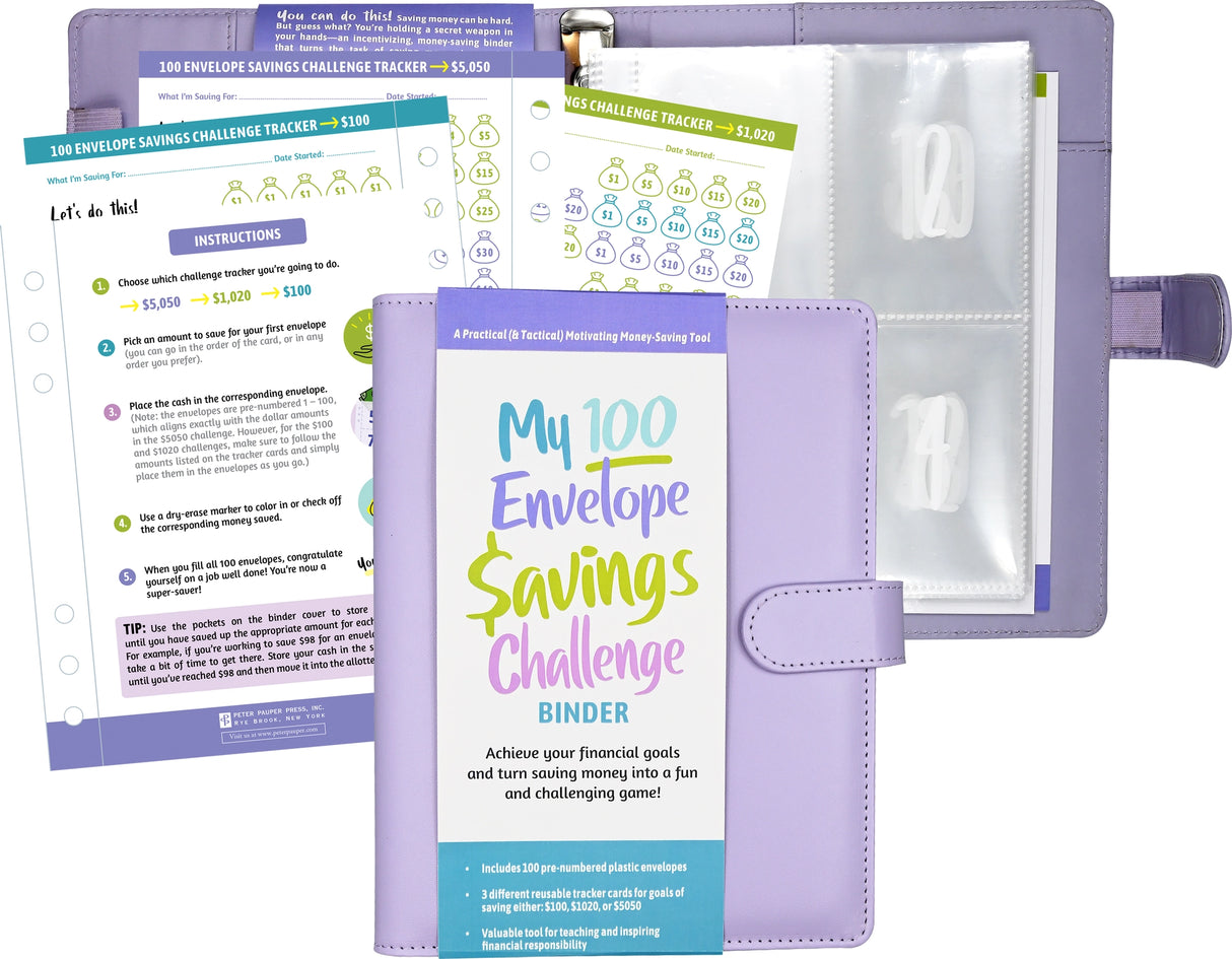 Sturdy 6-ring binder with magnetic closure flap comes with 100 pre-numbered envelopes. Use them to save $100, $1,020, or $5,050! Includes 3 reusable tracker cards. Inside cover pockets hold your cash until you've saved enough to move it into the appropriate envelope. See your savings build as you fill each envelope and track each contribution! Before you know it, you'll have reached your 100th envelope, achieving Super Saver status!
Binder measures 6-3/4'' wide x 9-1/8'' high.
Instructions and 3 reusable t