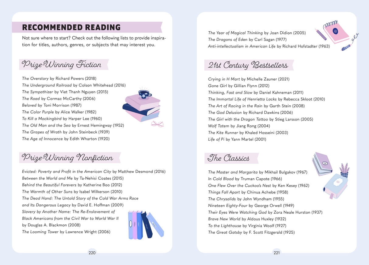For book clubbers and solo bookworms alike, My Book Club Journal is a place to keep all your thoughts and feelings about your recent book club reads with guided prompts and space to record of your reflections.
Dedicated sections for notes on characters, plot, general thoughts, and discussion recap make it easy for readers to reference previous book selections. With an index of reading lists, go-to prompts for discussion, and tips for starting (and continuing) your own club, My Book Club Journal provides a