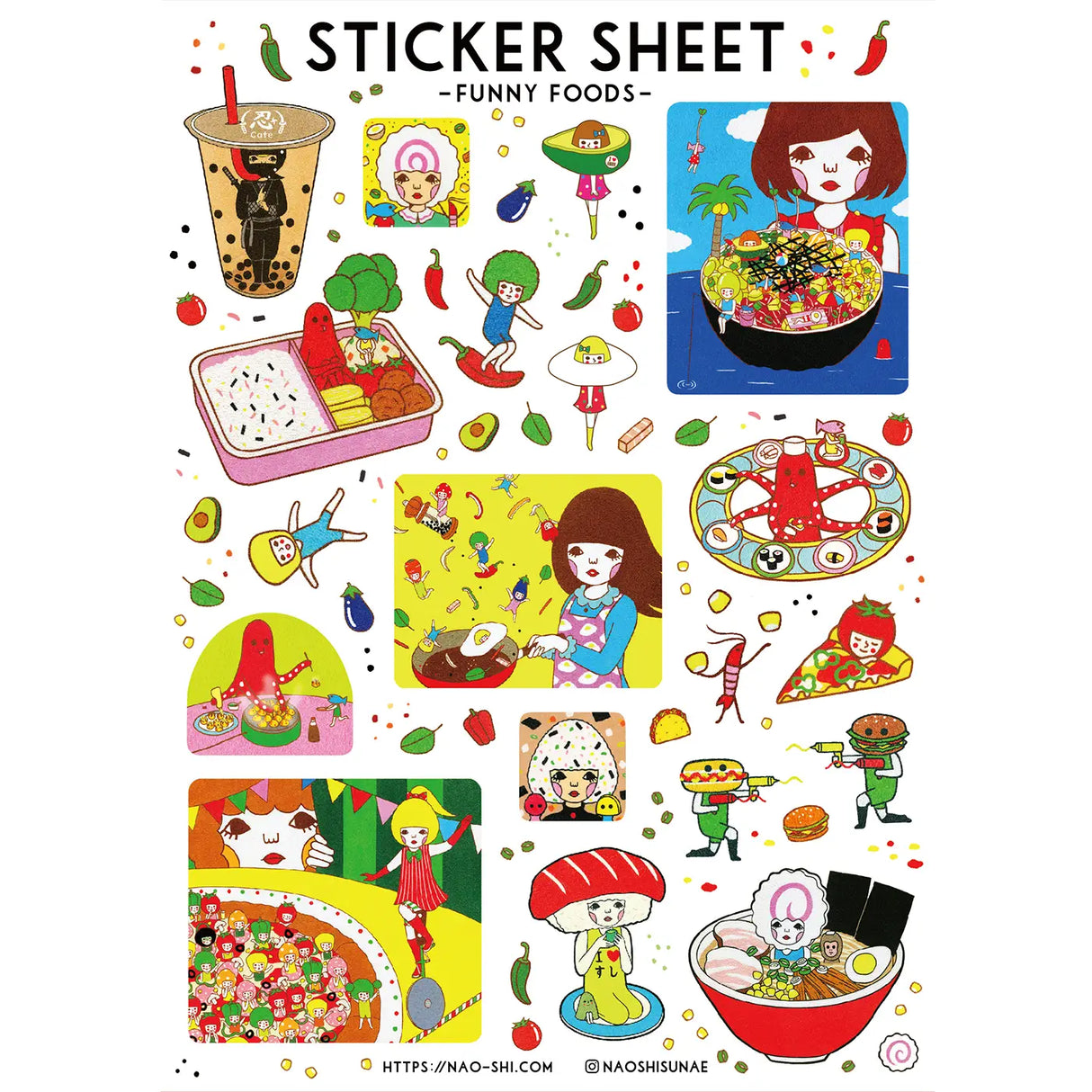 Naoshi - Funny Foods Sticker Sheet
Funny Foods sticker sheet is perfect for decorating your journal, binder, planner, scrapbook or laptop.