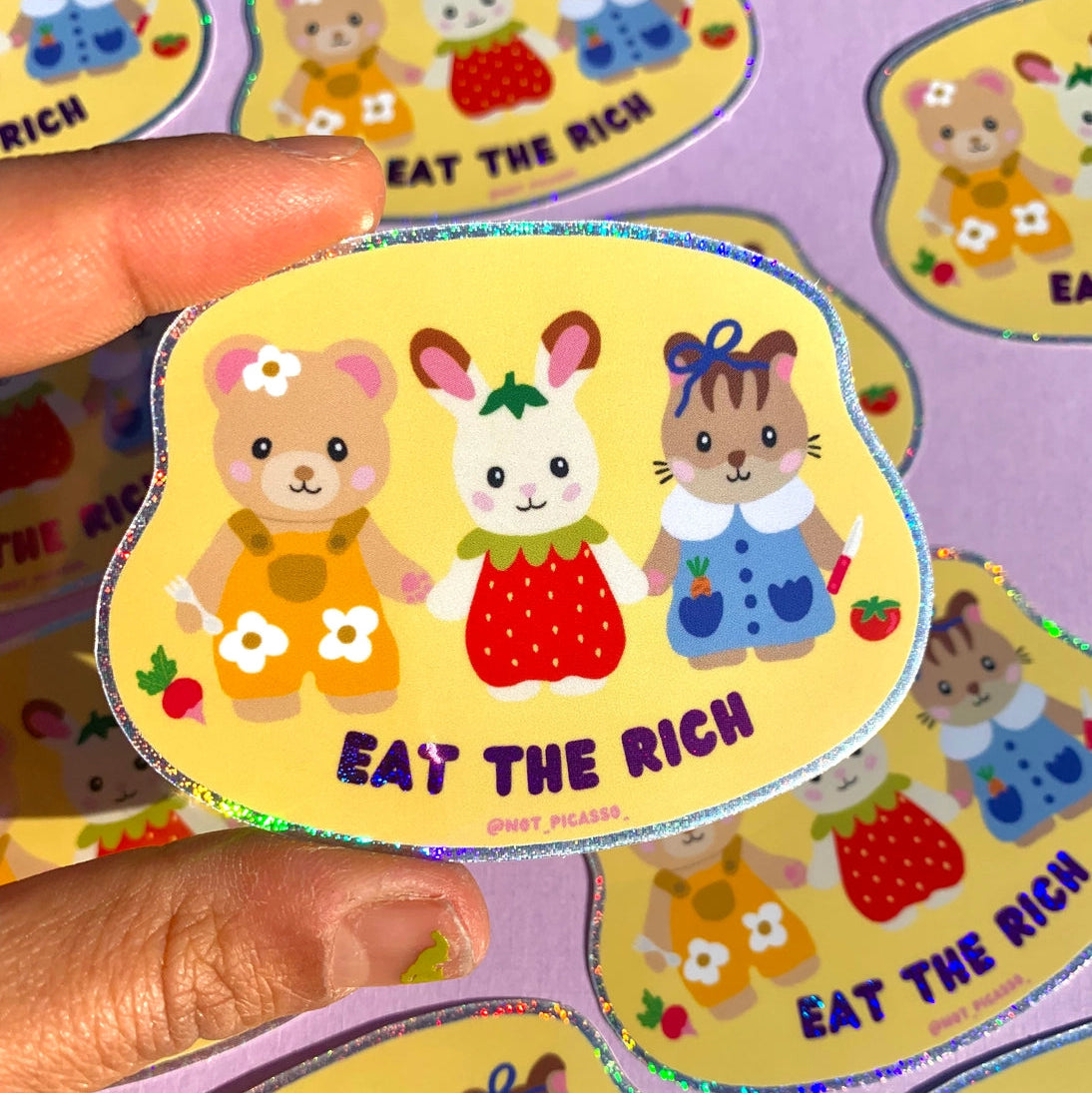 Feeling hungry? This glitter sticker features a great message and cute characters!
These matte vinyl stickers feature an original design and are water, weather, and scratch proof. Perfect for putting on water bottles, computers or just about anywhere else.