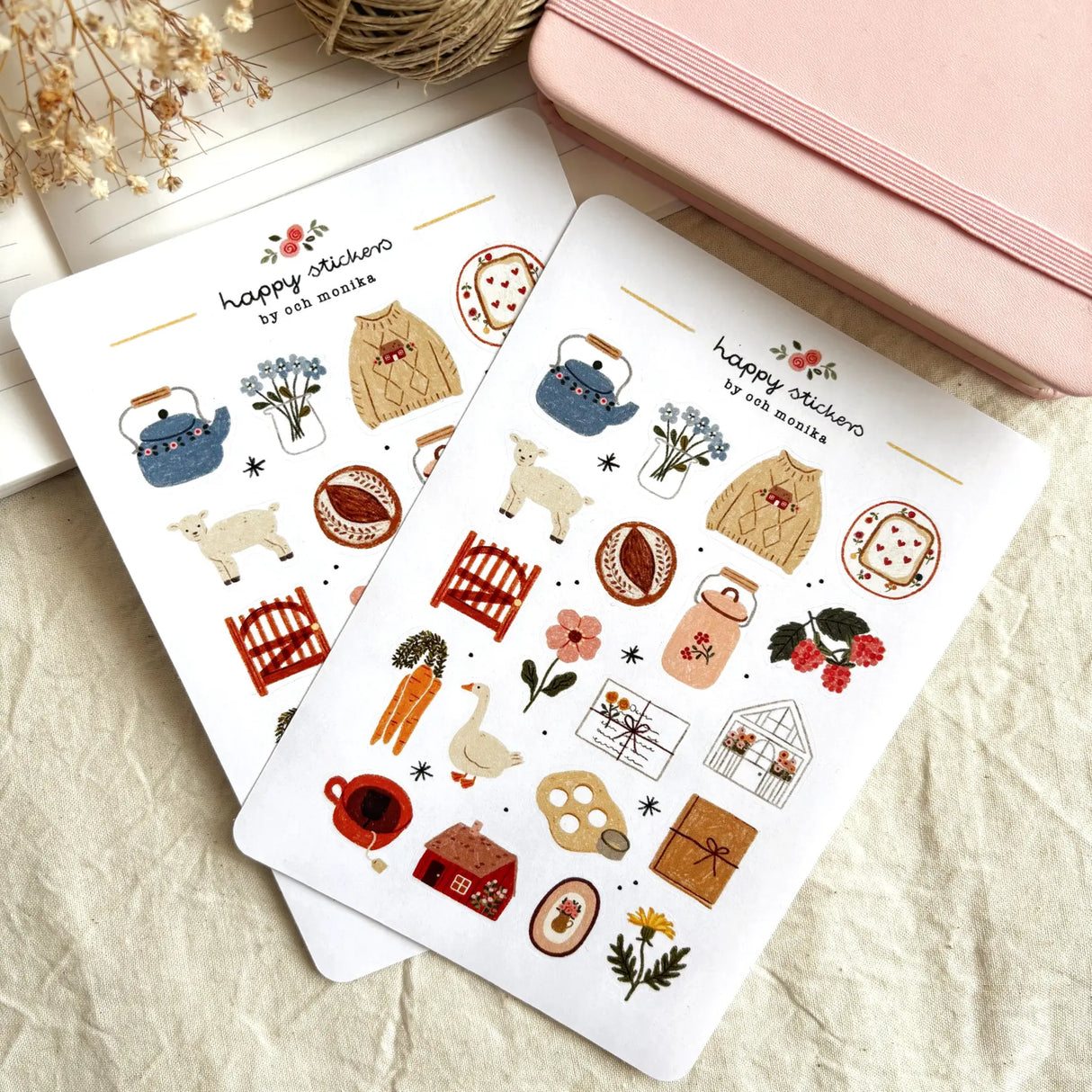 A matte paper sticker sheet filled with cozy, hand-drawn illustrations, perfect for planners, journals, or scrapbooking. It features a slow life and hygge lifestyle theme, making it a perfect fit for mindful living enthusiasts. All designs are lovingly created by Monika Szczerbińska.