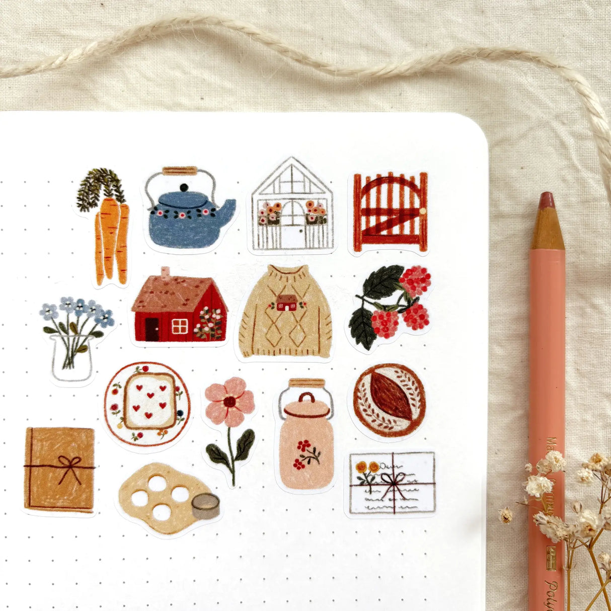 A matte paper sticker sheet filled with cozy, hand-drawn illustrations, perfect for planners, journals, or scrapbooking. It features a slow life and hygge lifestyle theme, making it a perfect fit for mindful living enthusiasts. All designs are lovingly created by Monika Szczerbińska.