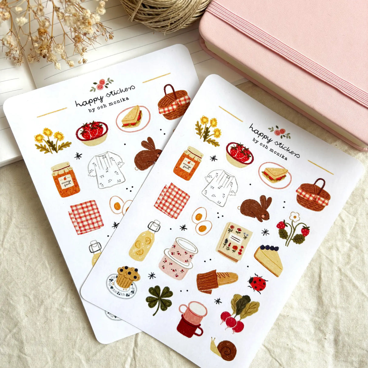 OchMonika Spring Picnic Sticker Sheet
A matte paper sticker sheet filled with cozy, hand-drawn illustrations, perfect for planners, journals, or scrapbooking. It features a outdoor picnic and spring theme, making it a perfect fit for nature lovers and gift boutiques. All designs are lovingly created by Monika Szczerbińska.