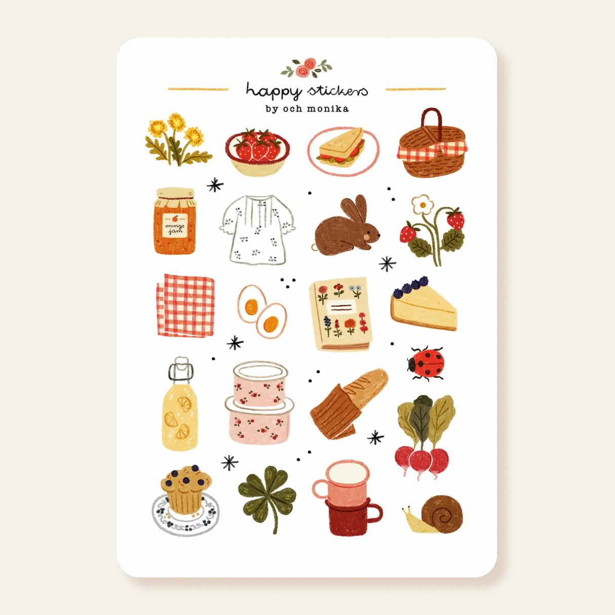 OchMonika Spring Picnic Sticker Sheet
A matte paper sticker sheet filled with cozy, hand-drawn illustrations, perfect for planners, journals, or scrapbooking. It features a outdoor picnic and spring theme, making it a perfect fit for nature lovers and gift boutiques. All designs are lovingly created by Monika Szczerbińska.
