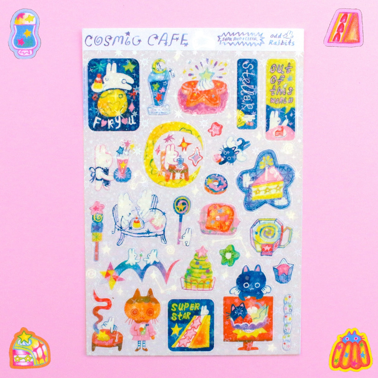 Odd Rabbits - Cosmi Cafe Star Holo Transparent Sticker Sheet
A6 Holo Transparent Sticker Sheet!
Should not be placed in areas of heavy wear (phone cases, laptops, water bottles, etc).
Great for journaling or decorating flat spaces!