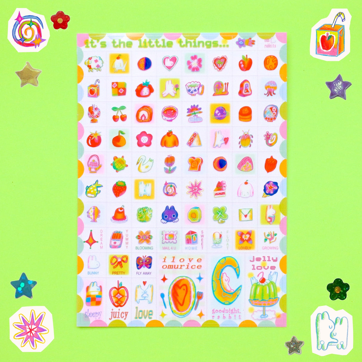 5x7 Sticker Sheet.
Should not be placed in areas of heavy wear (phone cases, laptops, water bottles, etc).
Great for journaling or decorating flat spaces!