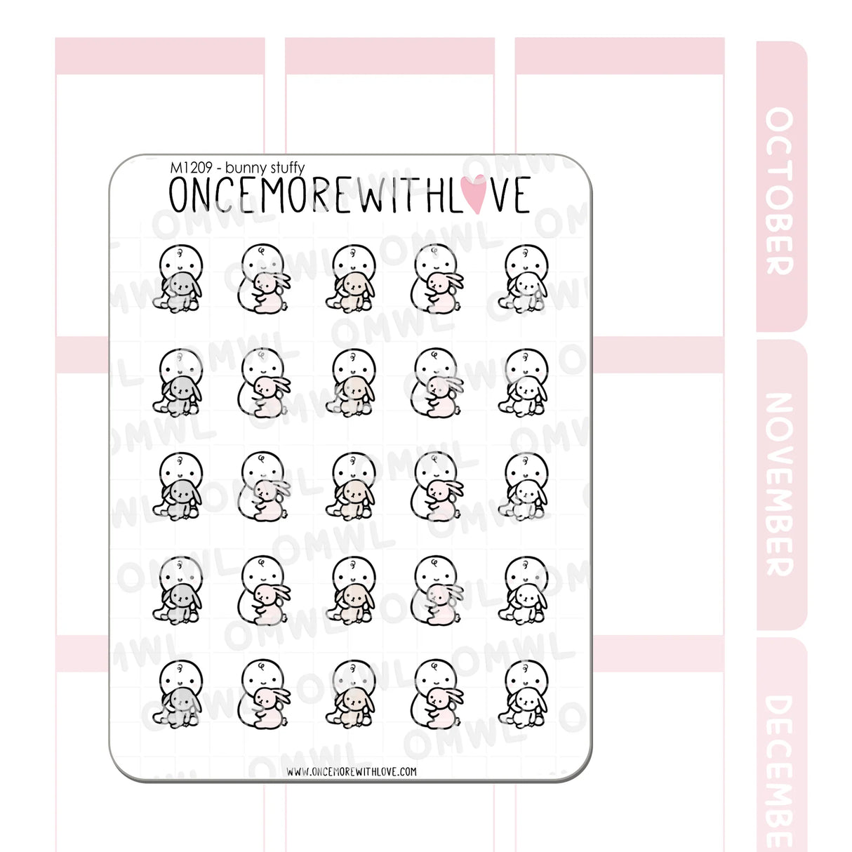 Once More With Love - M1209 Bunny Stuffy Sticker Sheet
Do you have a favourite toy growing up? My baby girl is so in love with her bunny stuffy - Seeing the light in her eyes when she holds it dear to her heart just makes me smile!
SPECS:
Size - Each sheet is approximately 4.5x3.5 (regular size) inches.
Type - Designed for all planners, organizers, calendars, bullet journals, and traveler's notebooks
Material - Non-removable matte white adhesive paper
Design - All designs are origi