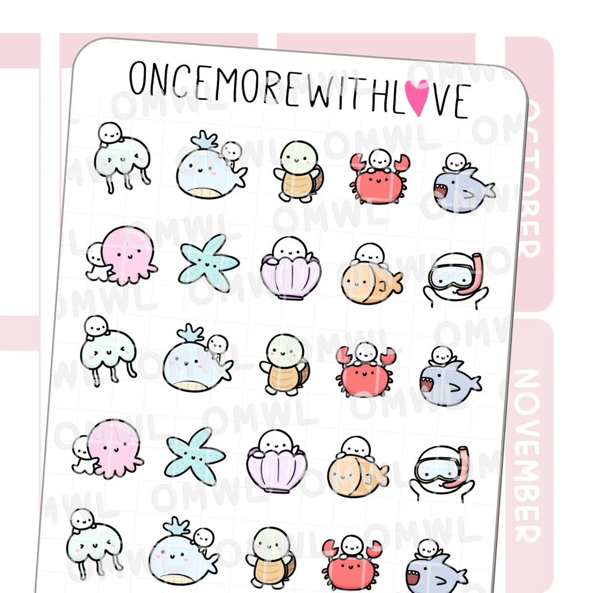 Once More With Love - M1263 Sea Creatures Sticker Sheet
Sea critter doodles to match the brand new Under the Sea themed kit!
SPECS:
Size - Each sheet is approximately 4.5x3.5 (regular size) inches.
Type - Designed for all planners, organizers, calendars, bullet journals, and traveler's notebooks
Material - Non-removable matte white adhesive paper
Design - All designs are original and created by Margaret Ying of OnceMoreWithLove. 