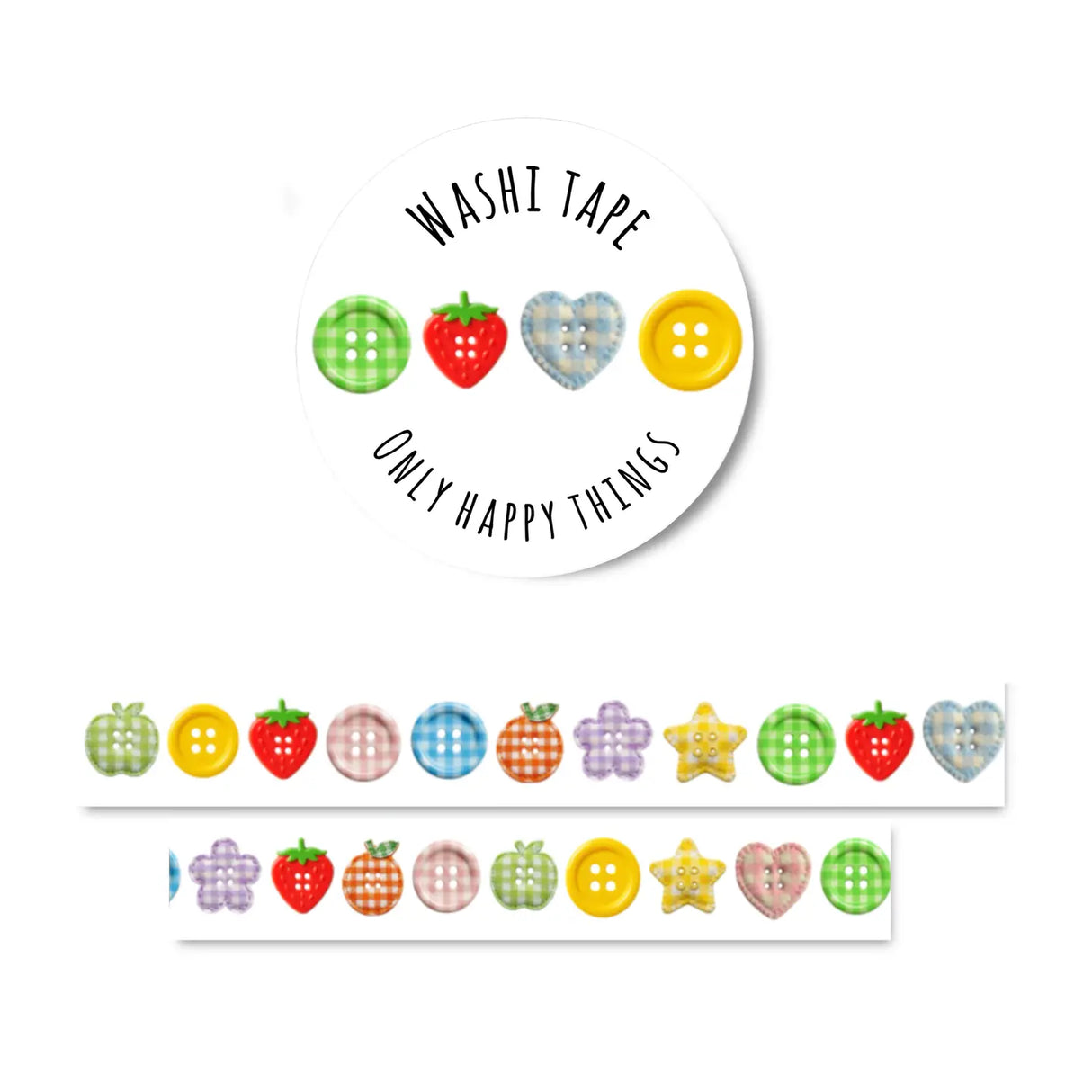 Add a pop of playful charm to your projects with this button‑themed washi tape. Perfect for journaling, scrapbooking, packaging, and all your creative crafts.
Size: 1.5cm wide and 10 meters long
Each roll of washi is wrapped in plastic with a sticker on top