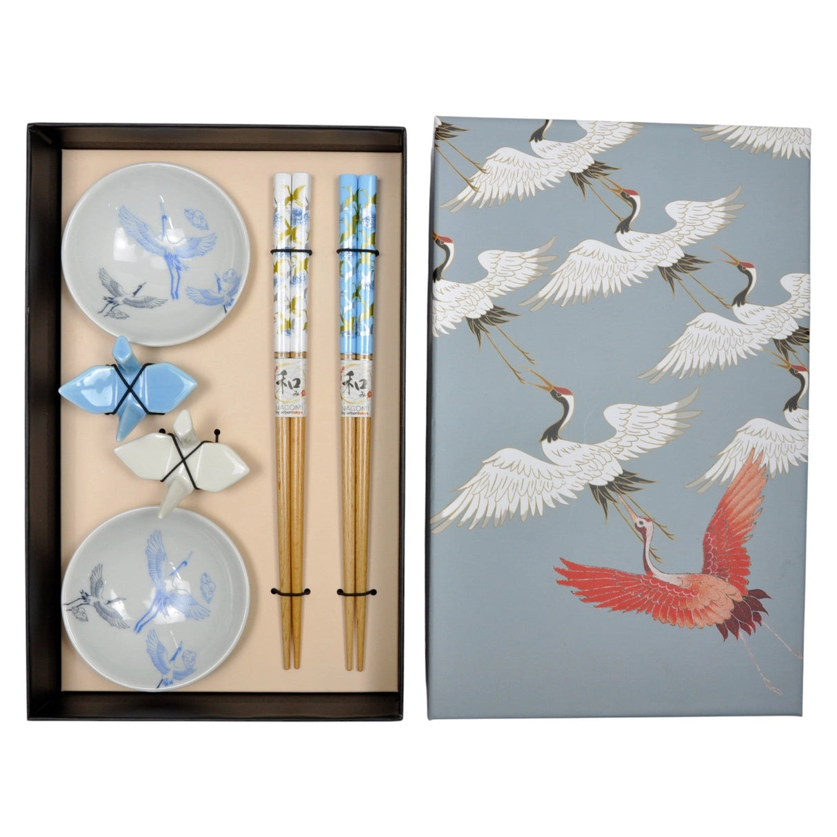 Origami Crane 2 Pair Wooden Chopsticks, Crane Rest, and Sauce Dish
This box set includes 2 sets of chopsticks, crane rests, and sauce dishes.
Size: 9"L chopsticks, 3"D Sauce Dish, 1.5"L Chopsticks Rest
Material: Bamboo and Ceramic
Origin: China