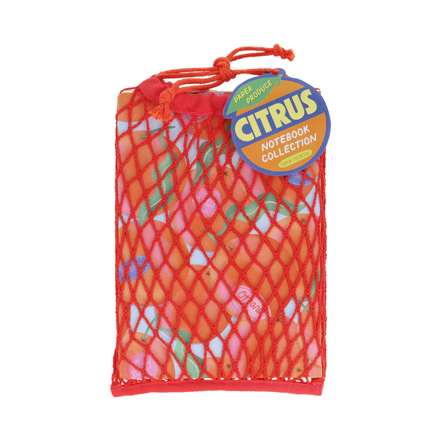 Bring the joy of the farmer’s market to your daily diary, note-taking, planning, or dreaming with this set of three citrus-themed notebooks. Each lined paperback journal is illustrated in lush, bright color, depicting a scatter of juicy lemons on one, zesty limes on another, and sweet oranges on the third. Packaged in a reusable mesh bag with an adorable hang tag, this set makes a charming gift for any occasion.