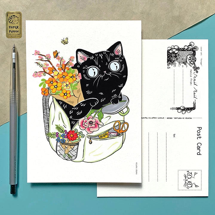 + size: 4.25 x 6” standard size, regular postage stamp
+ printed on a ‘toothy’ rag off white color card stock paper
+ FSC 100% recycled environmentally friendly paper
+ created and printed in Portland, OR
All work and photos ©PAPER PUFFIN Art by K.CARLSON
