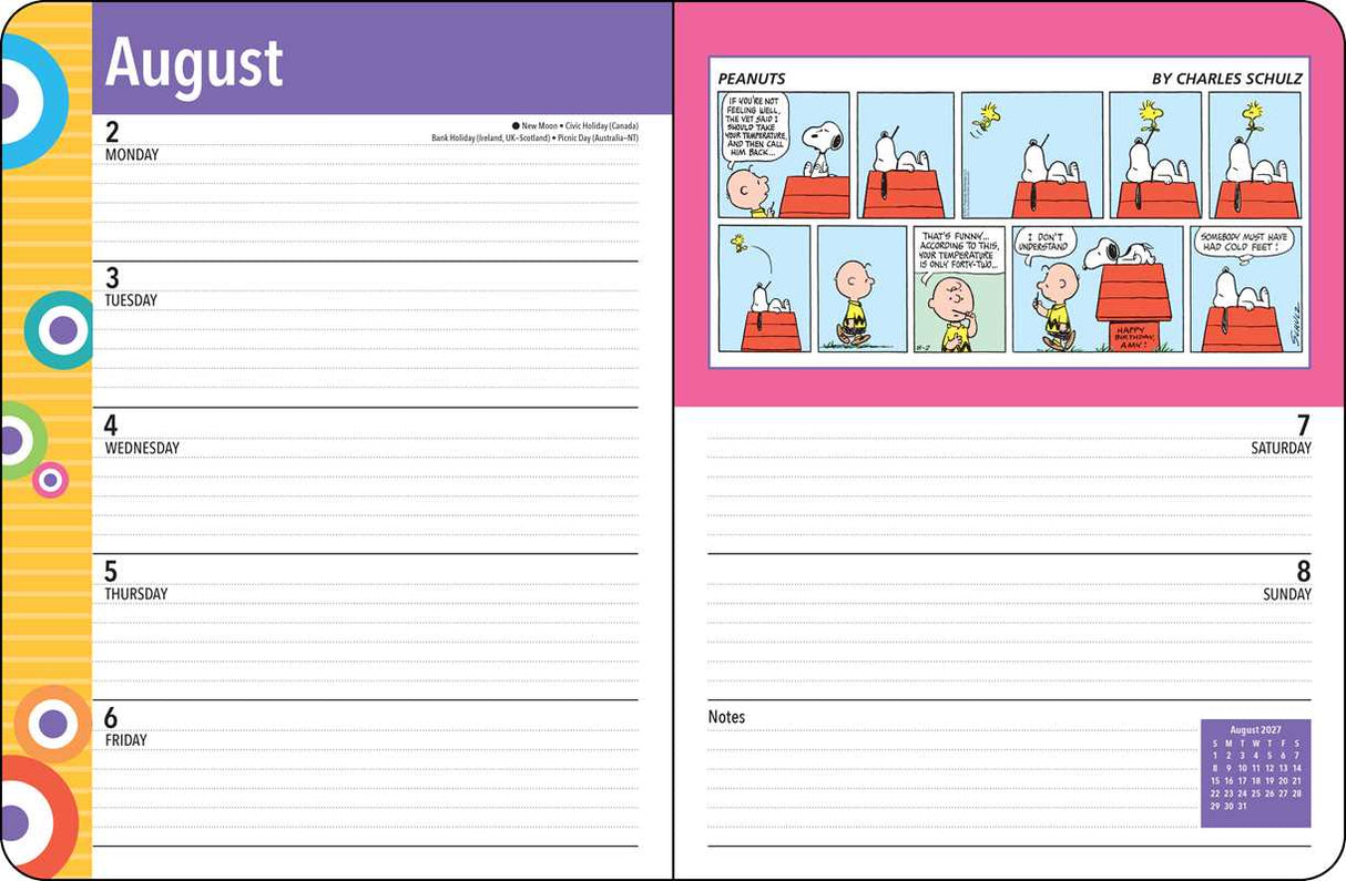 Staying organized will be a breeze this year with this bright and colorful monthly/weekly planner that features full-color Sunday comic strips of everyone's favorite gang—the PEANUTS® gang.
The PEANUTS® 2027 Monthly/Weekly Planner blends functionality with fun, featuring vibrant comic strips from Charles M. Schulz that celebrate the wit, whimsy, and heart of the PEANUTS® gang. It offers plenty of space to jot down appointments, meetings, activities, or notes, and fits easily on a counter or desk, either