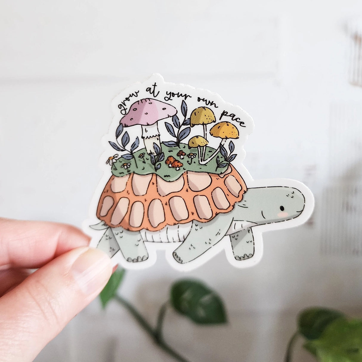 A turtle travels along a mossy path in Wildflower Woods, carrying a tiny mushroom meadow on its back as it moves steadily forward. This vinyl sticker captures that unhurried moment, carrying a gentle reminder that growth happens in its own time.
Made from durable, waterproof vinyl, this sticker is designed to hold up wherever you place it—whether that’s a water bottle, laptop, or journal you reach for daily.