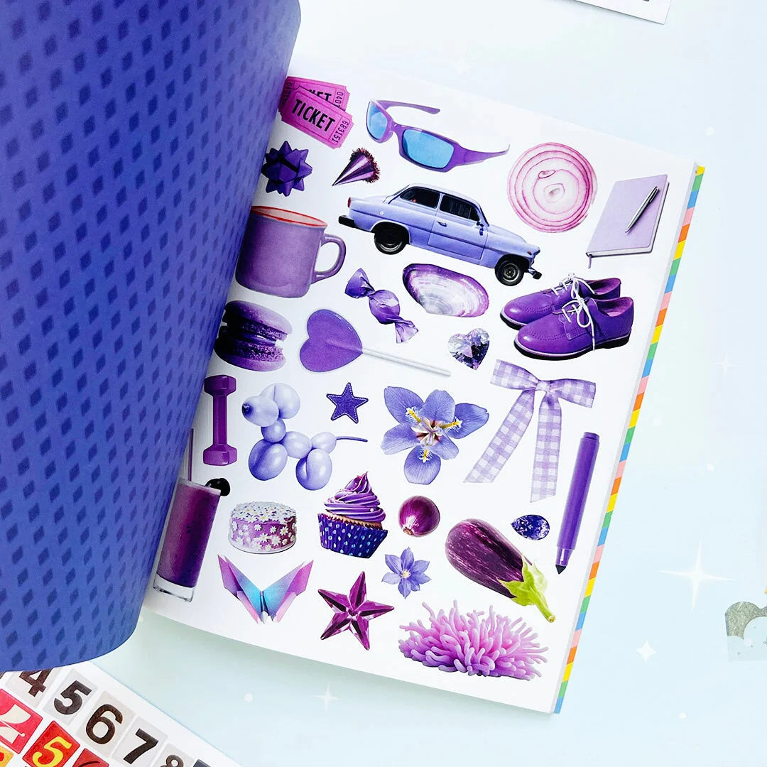 Your sticker stash is about to get very color-coordinated 🌈 Sticker the Rainbow Book Vol. 2: In Real Life is packed with 1500+ photorealistic stickers in every shade imaginable, from juicy lemons and shiny silver treasures to butterflies, vintage objects, florals, gems, and colorful everyday finds. With 30 pages of ultra-realistic stickers (plus 4 pages of alphabet + number stickers!), this book is basically a rainbow treasure hunt for your journal, planner, snail mail, laptop, or craft cart.