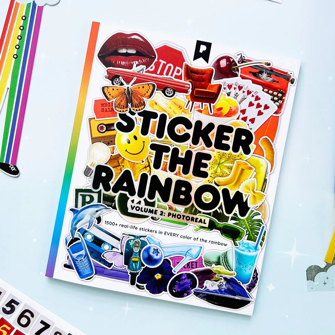 Your sticker stash is about to get very color-coordinated 🌈 Sticker the Rainbow Book Vol. 2: In Real Life is packed with 1500+ photorealistic stickers in every shade imaginable, from juicy lemons and shiny silver treasures to butterflies, vintage objects, florals, gems, and colorful everyday finds. With 30 pages of ultra-realistic stickers (plus 4 pages of alphabet + number stickers!), this book is basically a rainbow treasure hunt for your journal, planner, snail mail, laptop, or craft cart.