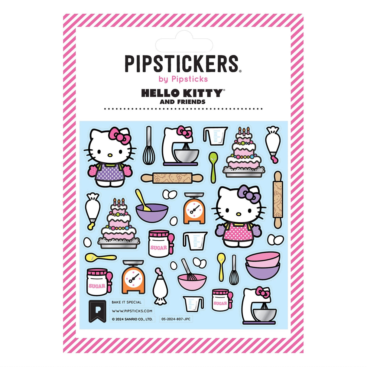 PipStickers are the PERFECT gift for the sticker lover in your life - even if it's you! These unique PVC designs with silver foil accents come on a clear backing and cannot be found anywhere else.
Includes one 4" x 4" sheet of Hello Kitty Bake It Special PipStickers and includes the Pipsticks manifesto.