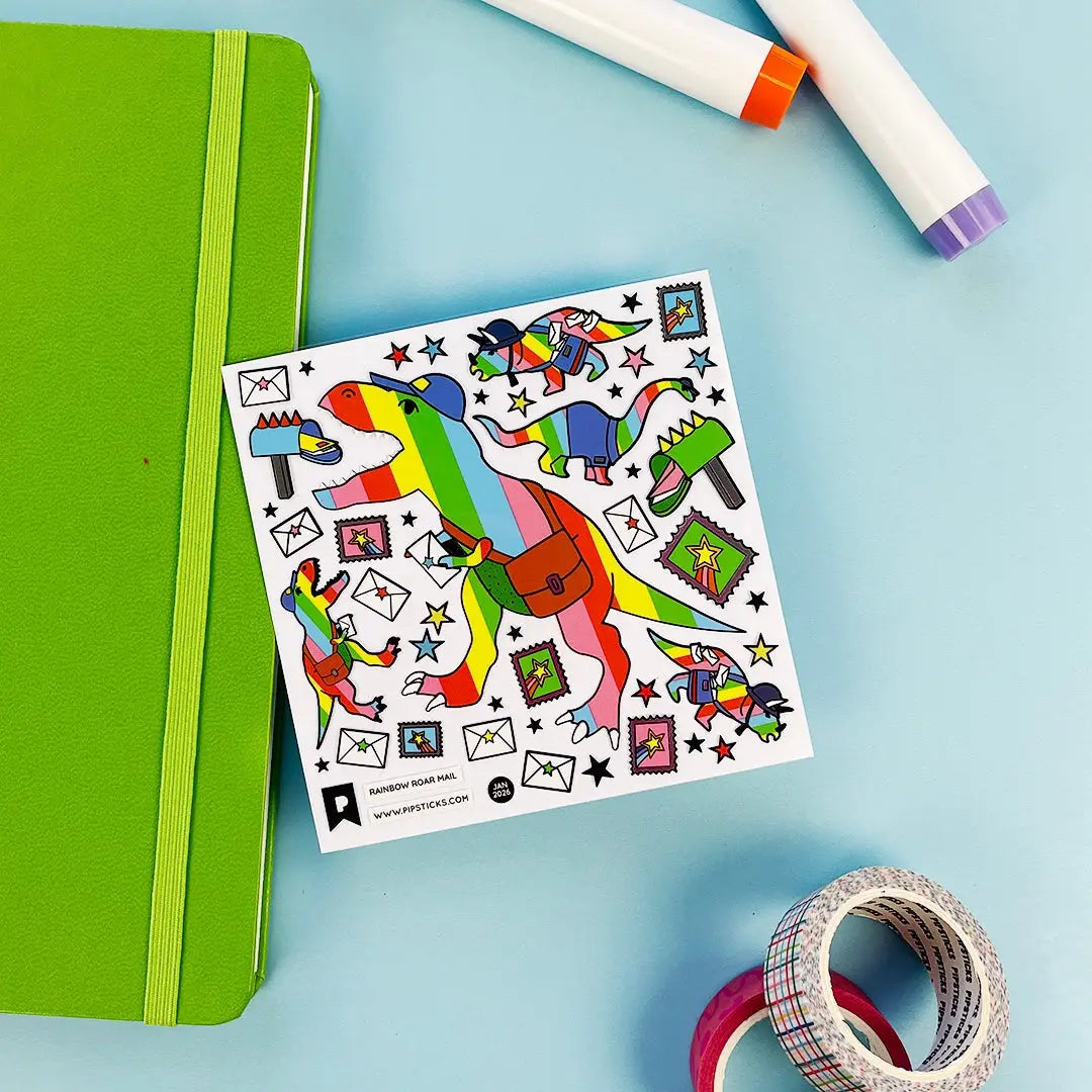 PipStickers are the PERFECT gift for the sticker lover in your life - even if it's you! These unique PVC designs with silver foil accents come on a clear backing and cannot be found anywhere else.
Includes one 4" x 4" sheet of Rainbow Roar Mail PipStickers and includes the Pipsticks manifesto.