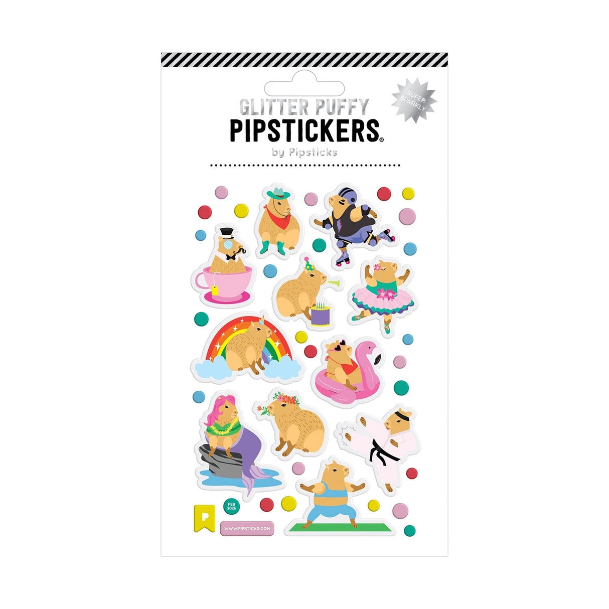 Main character energy, but make it capybara.
This glitter puffy sticker sheet is serving up the ultimate capybara glow-up - roller skating, tea sipping, rainbow lounging, flamingo floating, birthday celebrating, and even karate kicking. Basically? They’re booked, busy, and sparkling. With super shimmery accents and extra puffy goodness, these chill icons are here to remind you to do the most… while staying unbothered.
PipSticker Puffies are the PERFECT gift for the sticker collector in your life - even if