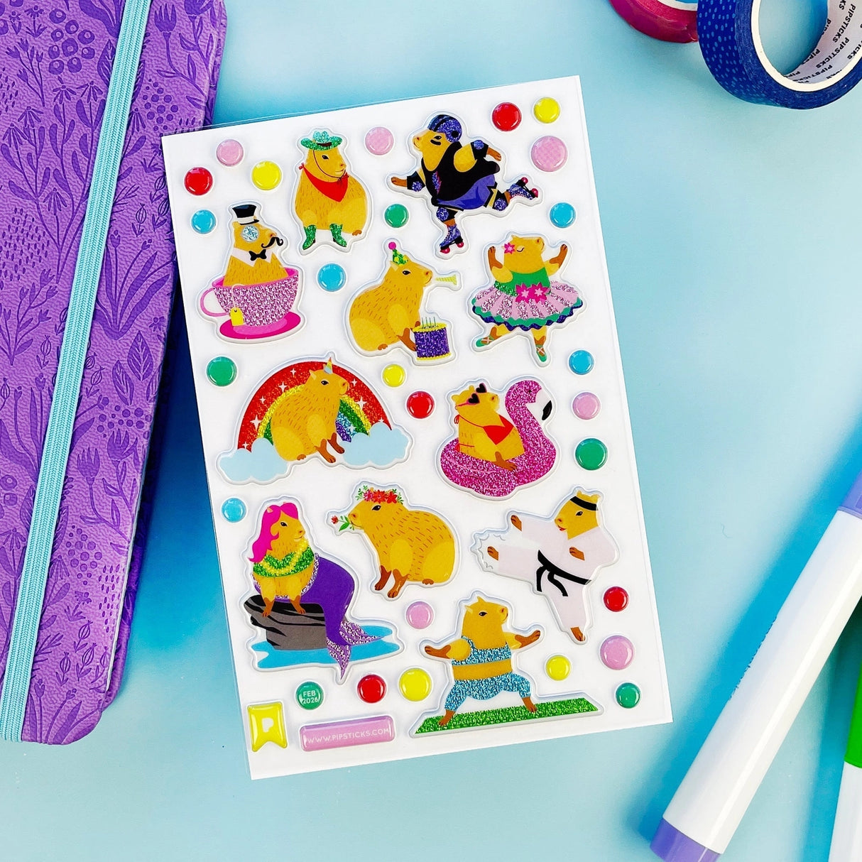 Main character energy, but make it capybara.
This glitter puffy sticker sheet is serving up the ultimate capybara glow-up - roller skating, tea sipping, rainbow lounging, flamingo floating, birthday celebrating, and even karate kicking. Basically? They’re booked, busy, and sparkling. With super shimmery accents and extra puffy goodness, these chill icons are here to remind you to do the most… while staying unbothered.
PipSticker Puffies are the PERFECT gift for the sticker collector in your life - even if