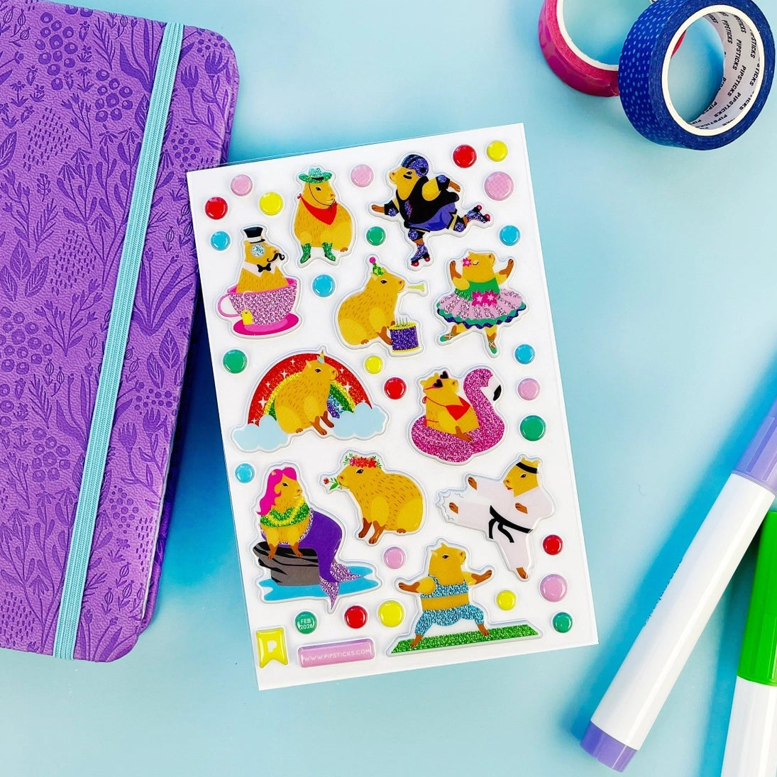 Main character energy, but make it capybara.
This glitter puffy sticker sheet is serving up the ultimate capybara glow-up - roller skating, tea sipping, rainbow lounging, flamingo floating, birthday celebrating, and even karate kicking. Basically? They’re booked, busy, and sparkling. With super shimmery accents and extra puffy goodness, these chill icons are here to remind you to do the most… while staying unbothered.
PipSticker Puffies are the PERFECT gift for the sticker collector in your life - even if