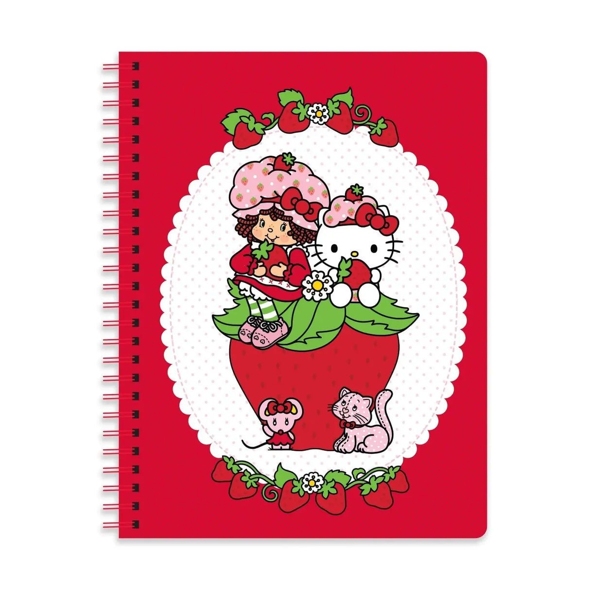 A tiny notebook with major main character energy 🍓💌 Covered in the sweetest strawberry + Hello Kitty details, it’s perfect for quick notes, doodles, and lists you’ll actually want to write. Small enough to toss anywhere, cute enough to show off everywhere.
A bright red spiral notebook featuring Hello Kitty sitting in a strawberry, framed with a white scalloped oval and tiny floral details 🍓 The smooth cover pops with bold color, while inside you’ll find lined pages with coordinating strawberry accents a