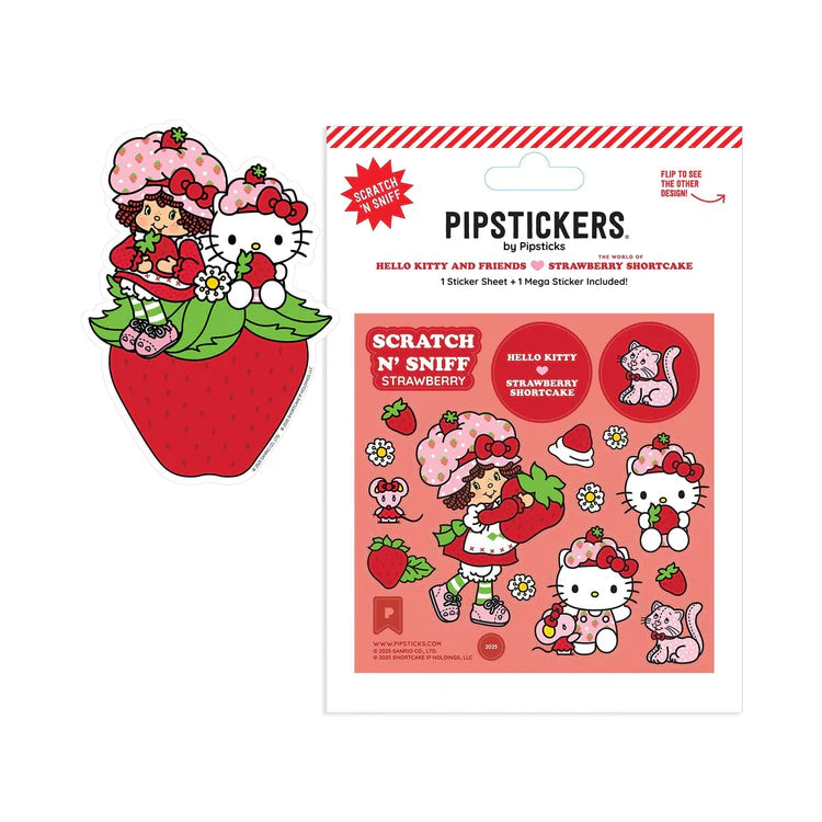 Sweet, nostalgic, and full of charm, this Strawberry Shortcake x Hello Kitty scratch-and-sniff sticker sheet features bright strawberries, floral details, and adorable character art on a soft pink background. Each glossy sticker has a lightly raised texture and releases a fruity strawberry scent when scratched, making it a fun, sensory way to decorate notebooks, letters, planners, and more.
PipStickers are the PERFECT gift for the sticker lover in your life - even if it's you! These unique scratch 'n sniff