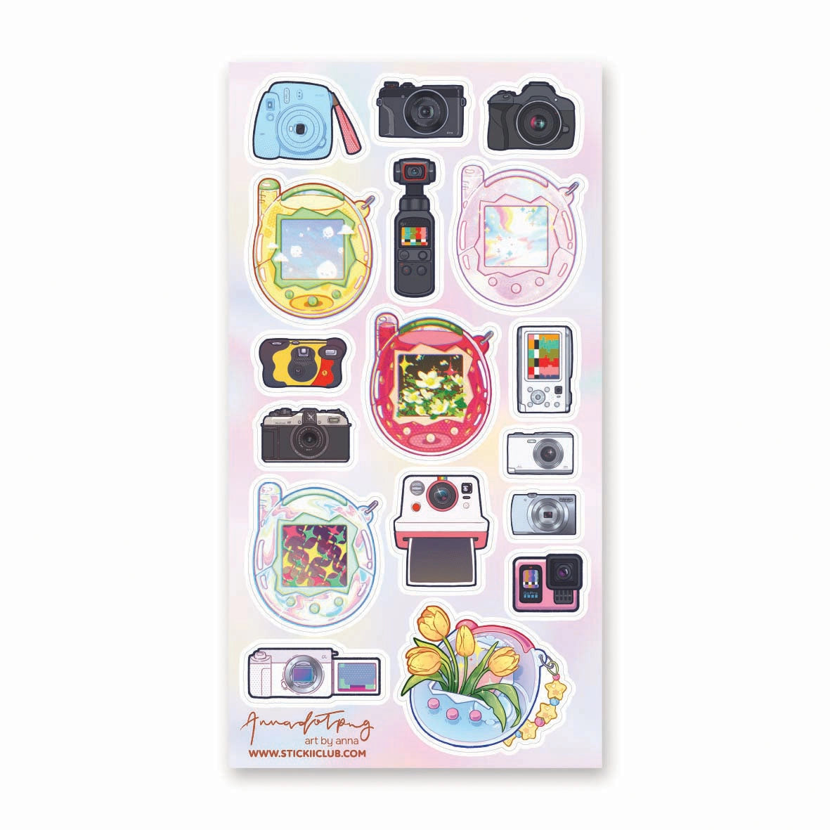 📸✨ Say cheese! From chunky digicams and instant printers to retro film cameras and pocket-sized pixel pets, this snap-happy sheet by @annadotpng is fully loaded with snapshot nostalgia. It’s a shutterbug’s dream, packed with dreamy screens and gadgets that totally flash back. Ready to capture some sticker magic? Point, shoot, print, repeat!
Art by: @annadotpng
Top Coating: Holo Glitter
Adhesive Layer: PVC (plastic)
Backing Layer: Clear PET
6.69" x 3.54".
Weight - 0.03lbs.
1 sheet included 