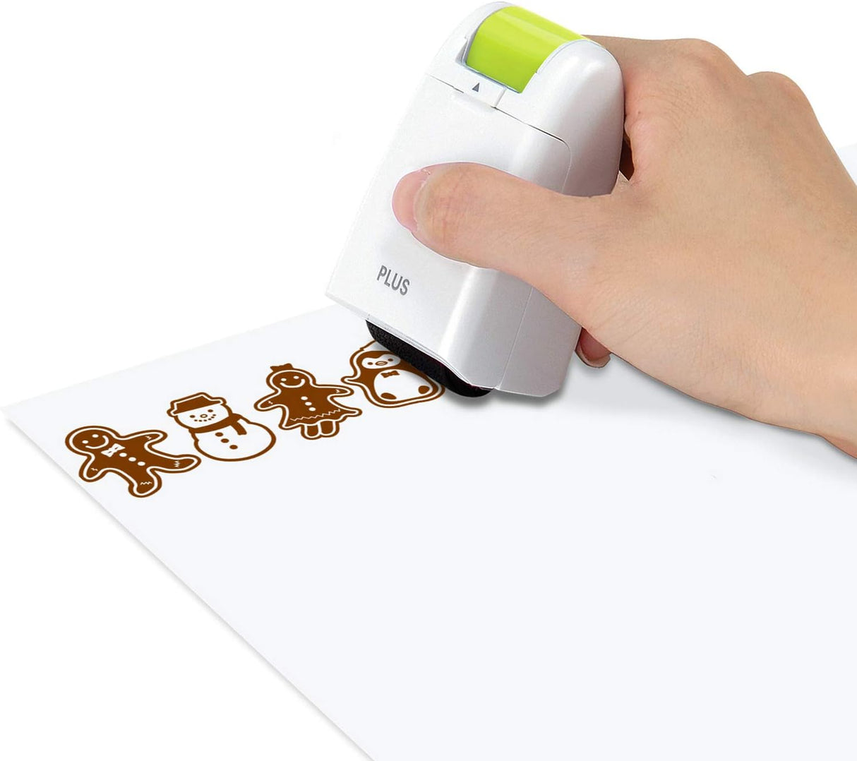 Self-inking gingerbread cartridge including the PLUS Decoration Roller Applicator. Uses a pigment and oil-based ink.