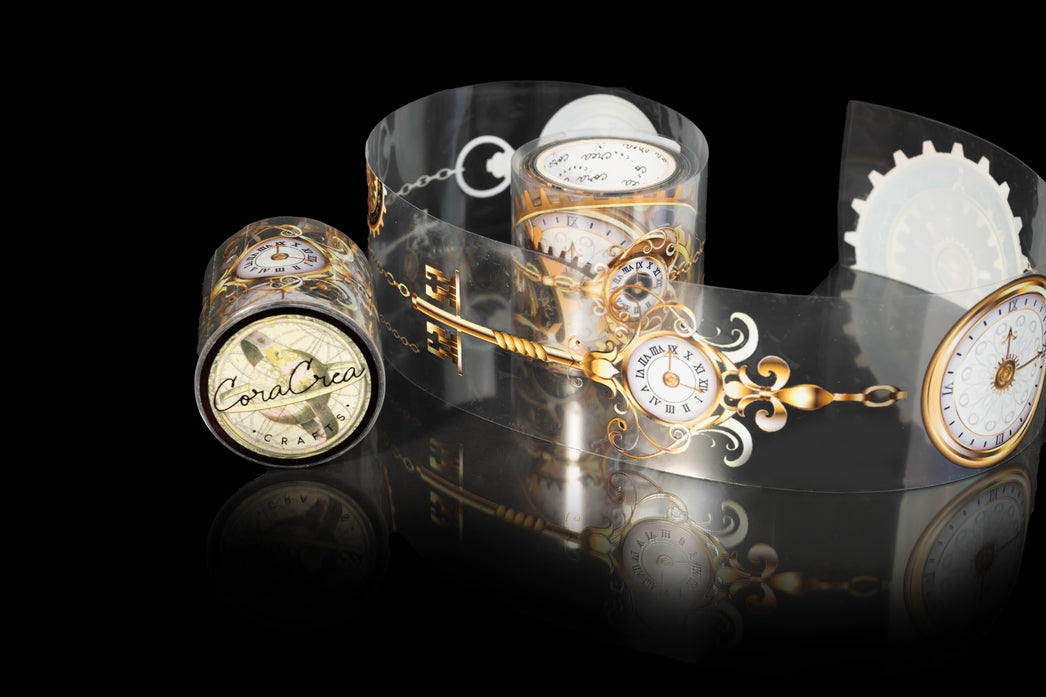 Cinta adhesiva washi transparente con diseño de reloj de bolsillo